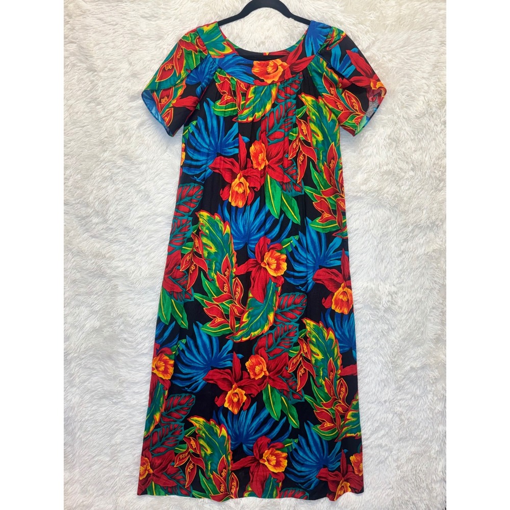 Vintage Hilo Hattie Muumuu Dress Tropical Black Floral Cotton Shift Maxi Small